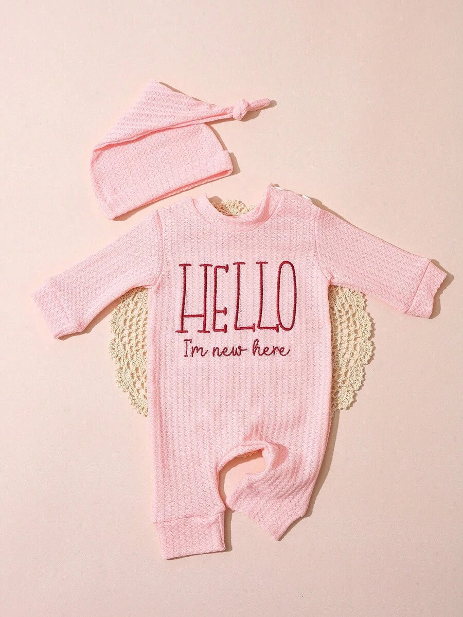 Infant Photo Studio Shooting Props - "HELLO" Embroidered Jumpsuit & Matching Hat
