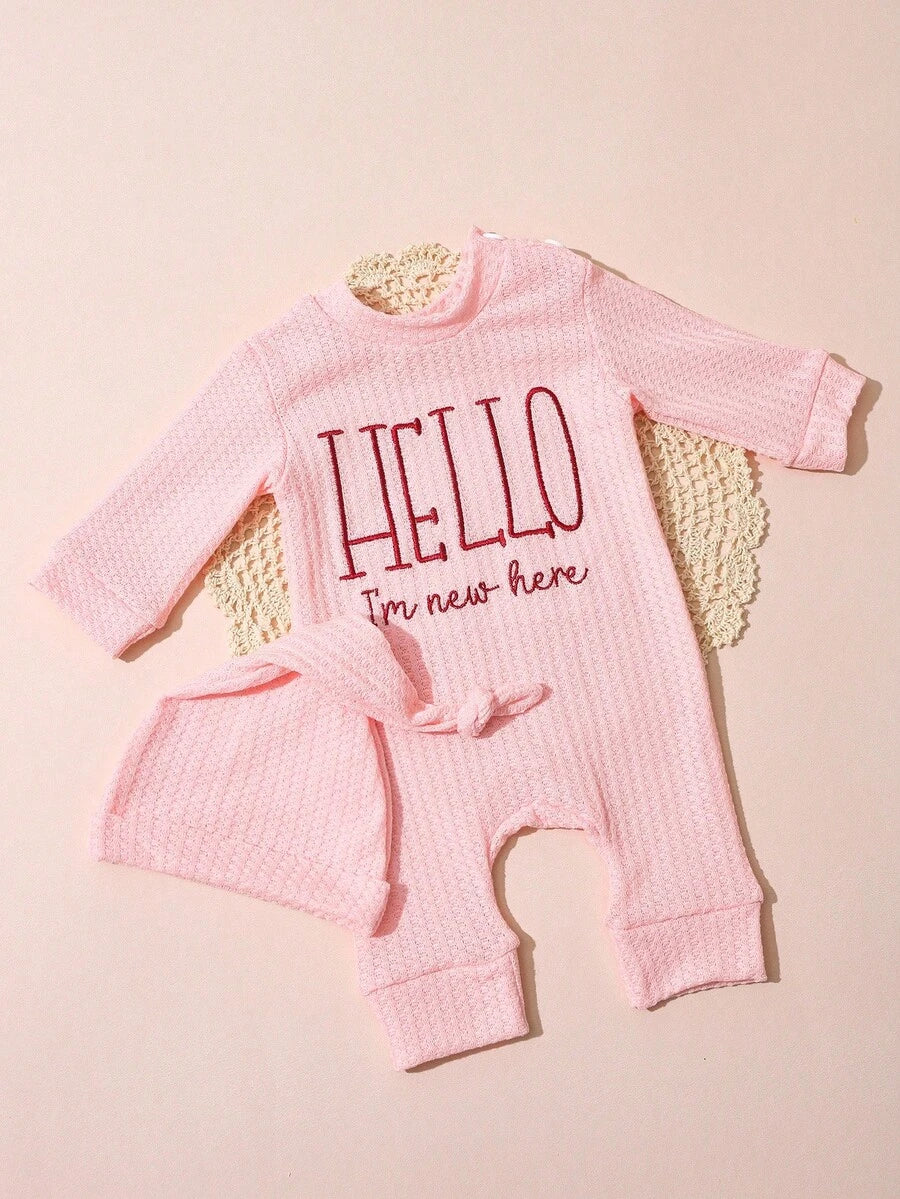 Infant Photo Studio Shooting Props - "HELLO" Embroidered Jumpsuit & Matching Hat