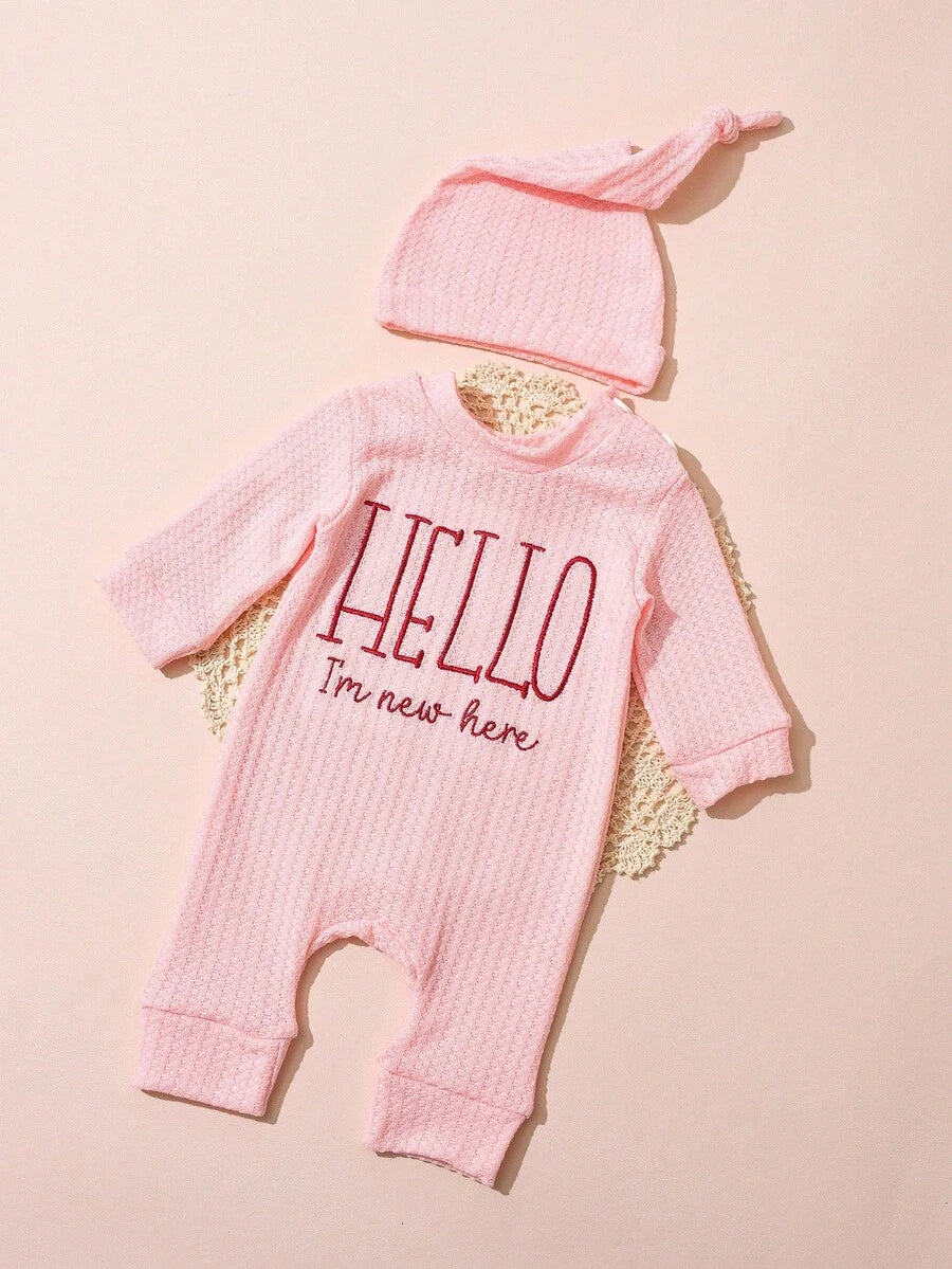 Infant Photo Studio Shooting Props - "HELLO" Embroidered Jumpsuit & Matching Hat