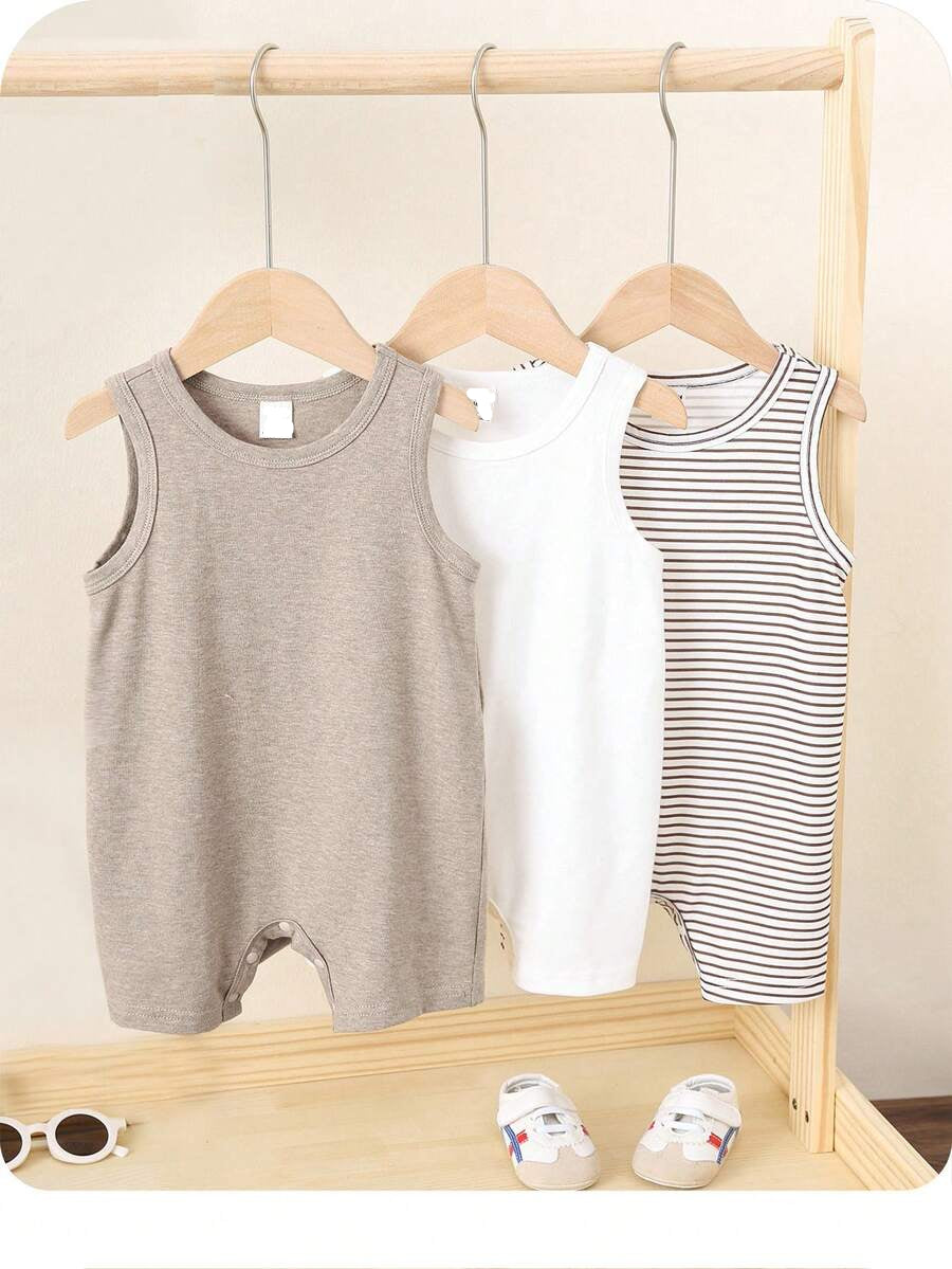 Unisex Baby Solid Color Soft Knit Sleeveless Romper 3 Piece Outfit Set
