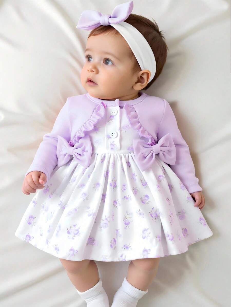 Baby Floral Bow Dress and Headband Set for Sweet Autumn and Winter Daily Wear