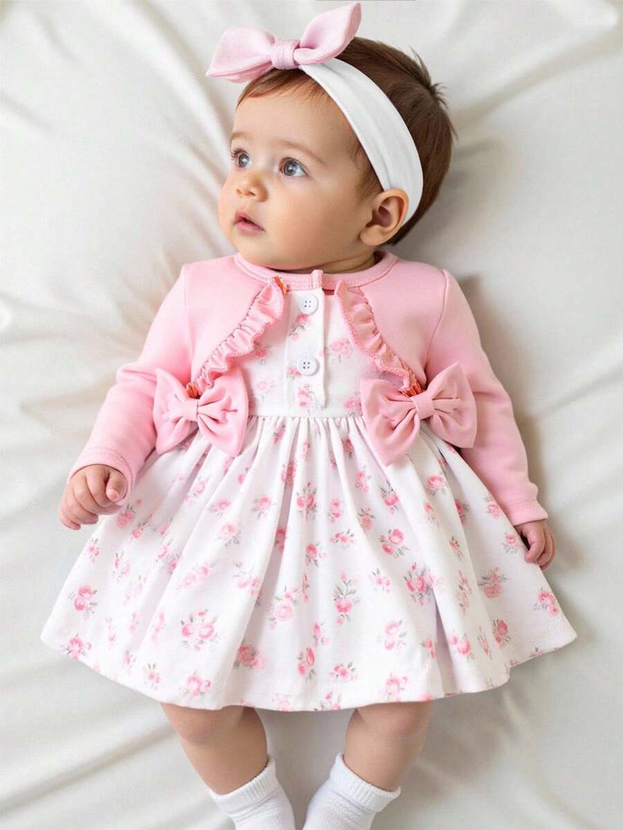 Baby Floral Bow Dress and Headband Set for Sweet Autumn and Winter Daily Wear
