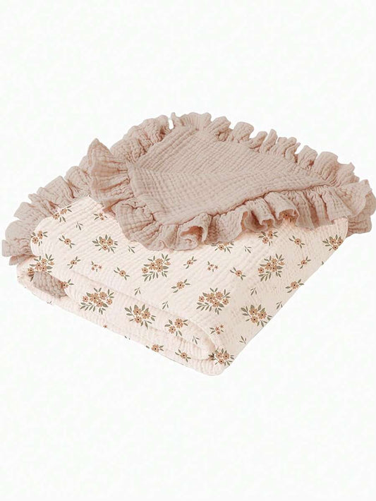 Floral Baby Cotton Blanket Soft Ruffle Edge Receiving Blanket for Newborns and Infants