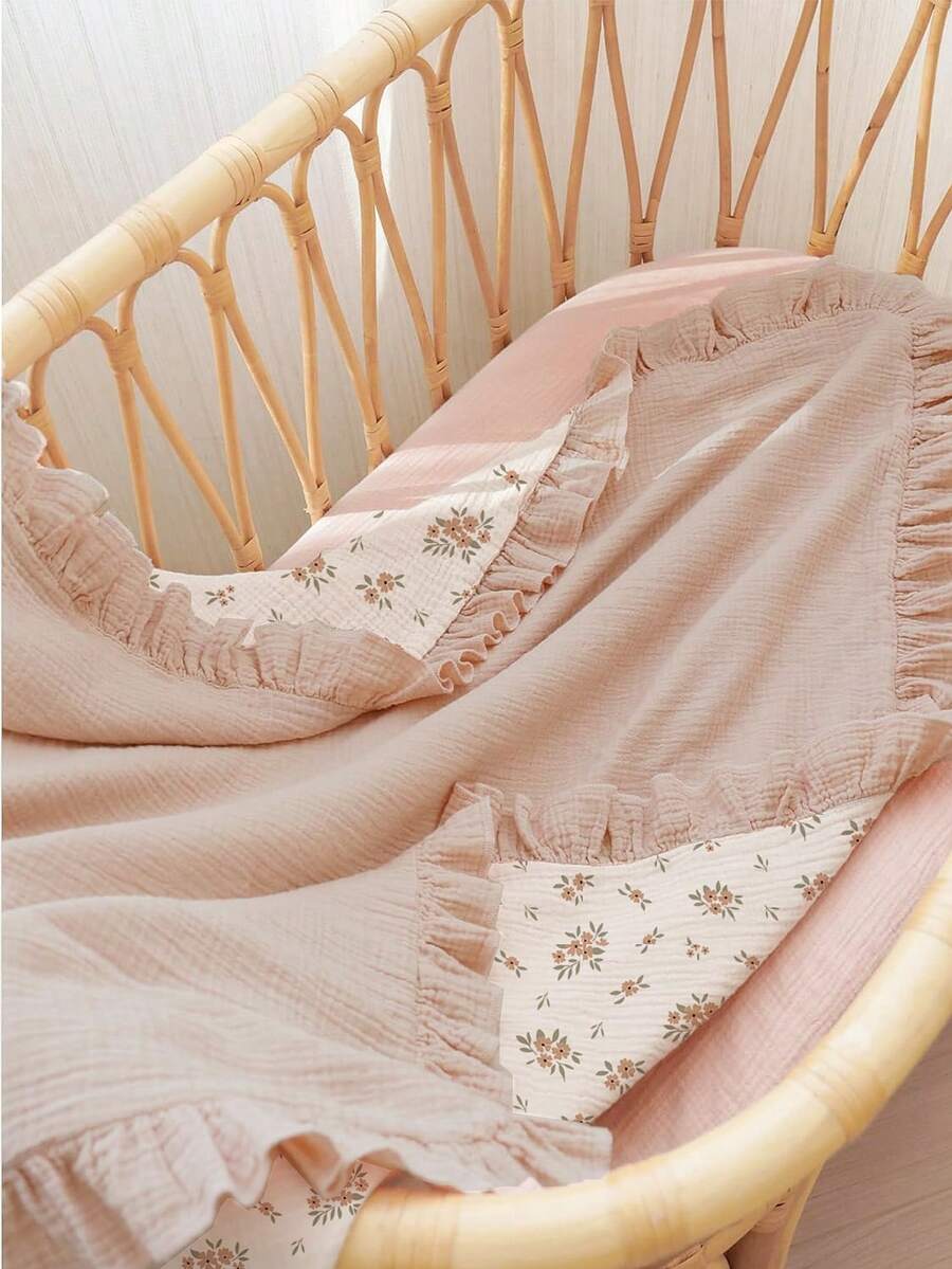 Floral Baby Cotton Blanket Soft Ruffle Edge Receiving Blanket for Newborns and Infants