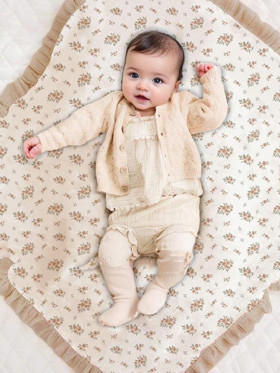 Floral Baby Cotton Blanket Soft Ruffle Edge Receiving Blanket for Newborns and Infants