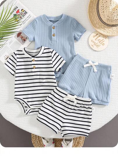 Striped Bodysuit and Shorts 4 Piece Outfit Set for Cute Summer Daily Wear