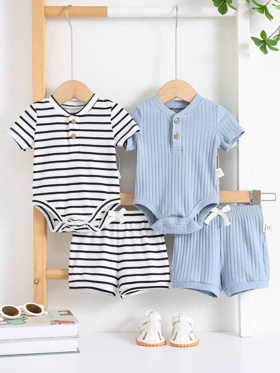 Striped Bodysuit and Shorts 4 Piece Outfit Set for Cute Summer Daily Wear
