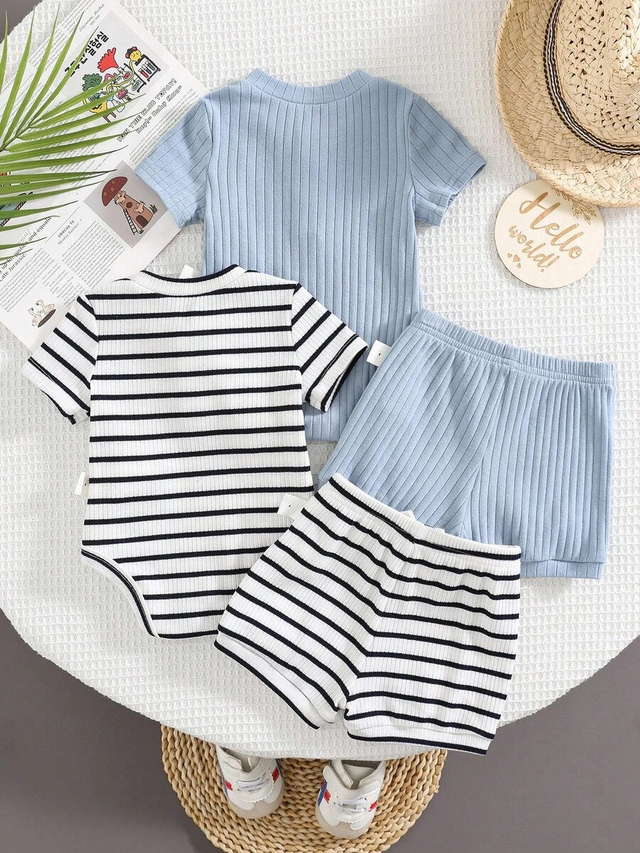 Striped Bodysuit and Shorts 4 Piece Outfit Set for Cute Summer Daily Wear