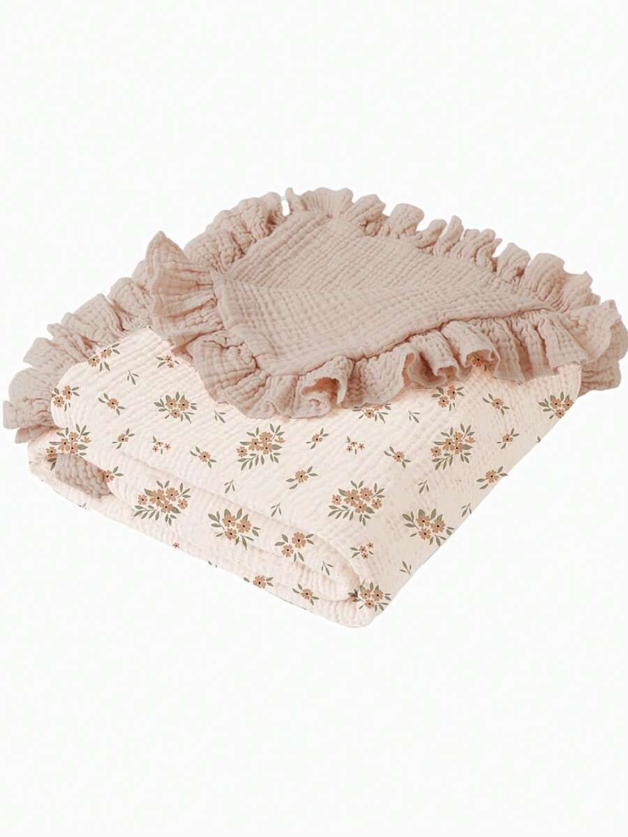 Floral Baby Cotton Blanket Soft Ruffle Edge Receiving Blanket for Newborns and Infants