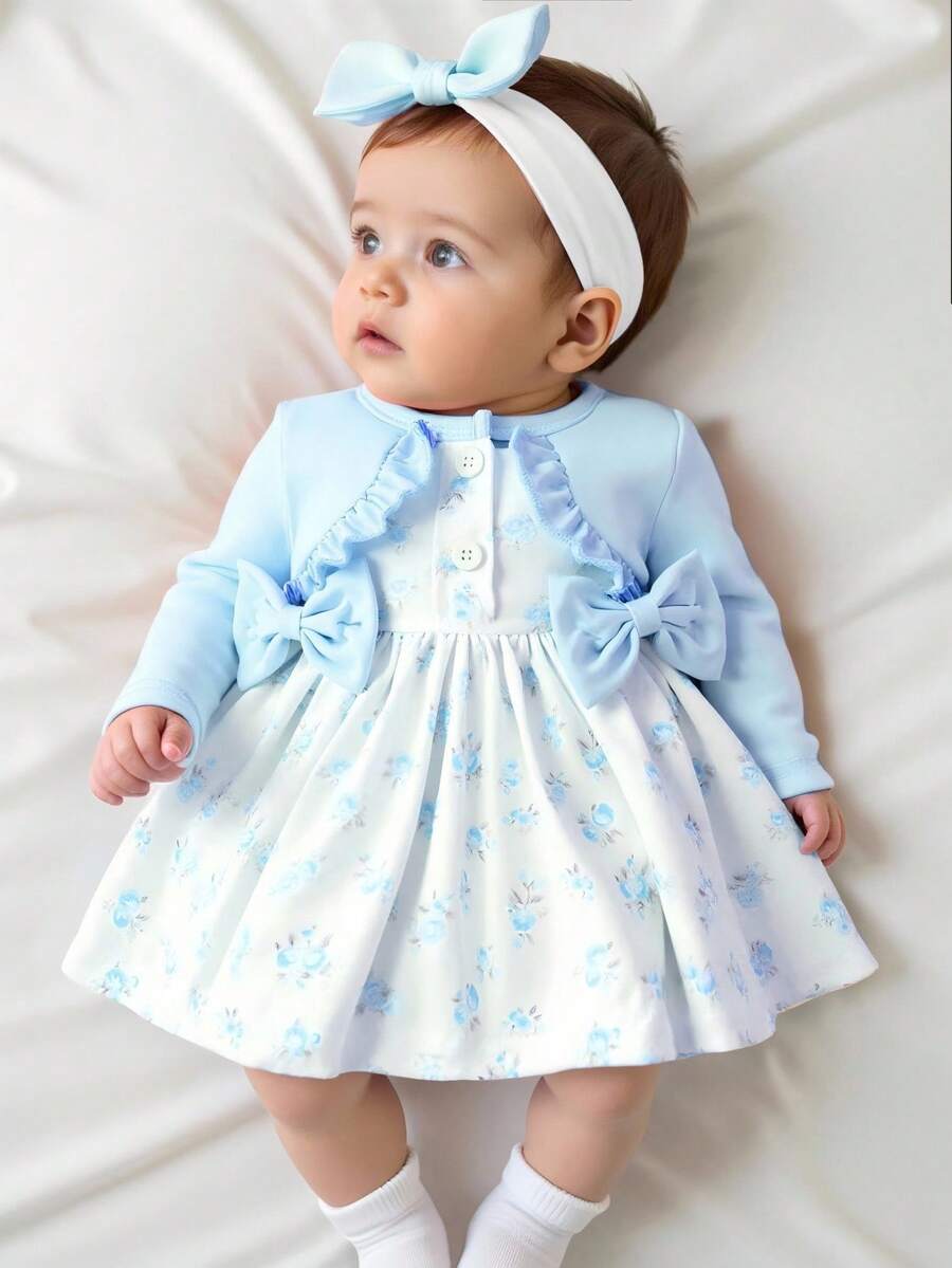 Baby Floral Bow Dress and Headband Set for Sweet Autumn and Winter Daily Wear