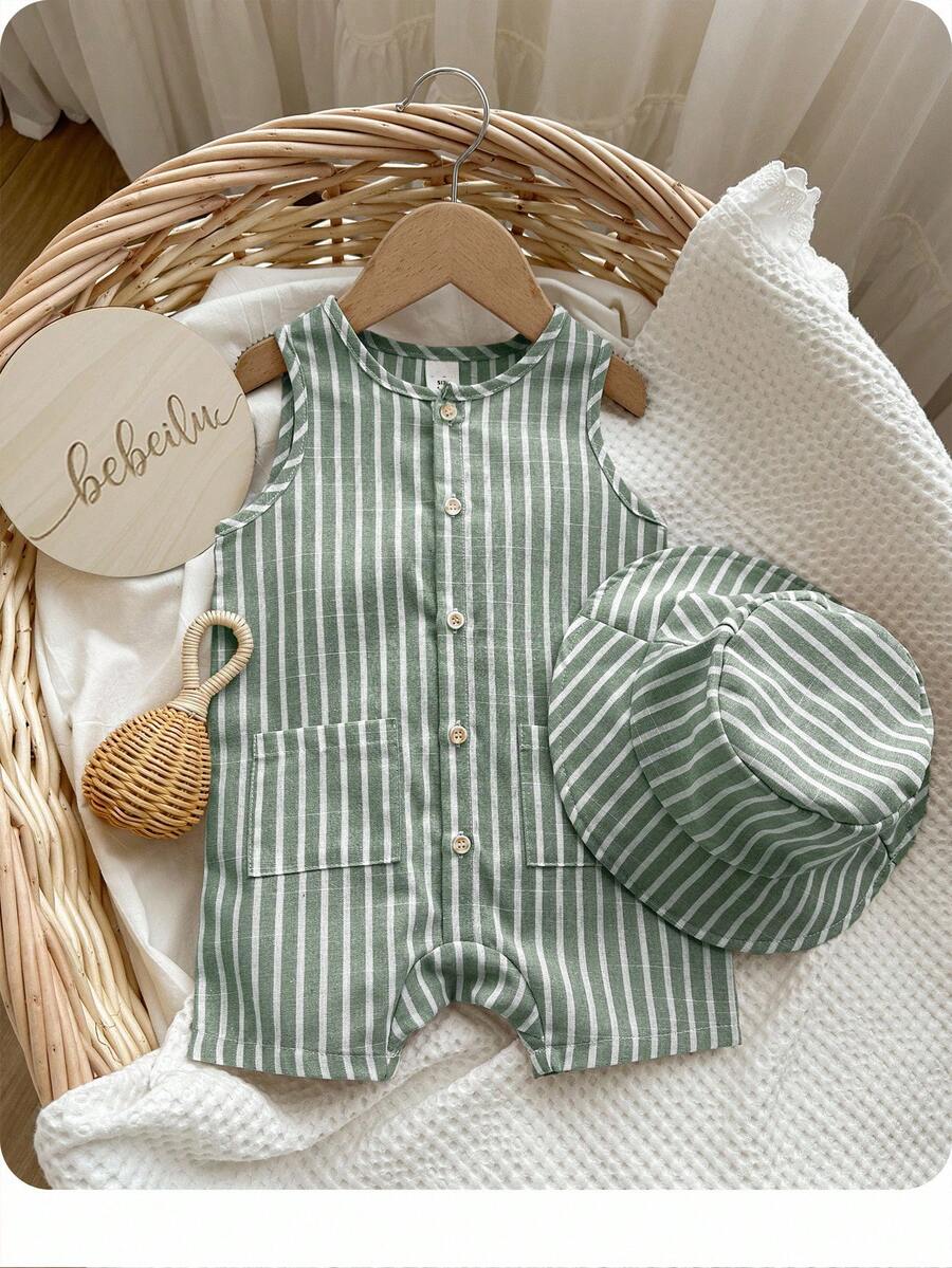 Unisex Baby Green White Striped Sleeveless Jumpsuit and Bucket Hat 2 Piece Summer Vacation Outfit Set