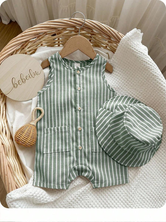 Unisex Baby Green White Striped Sleeveless Jumpsuit and Bucket Hat 2 Piece Summer Vacation Outfit Set