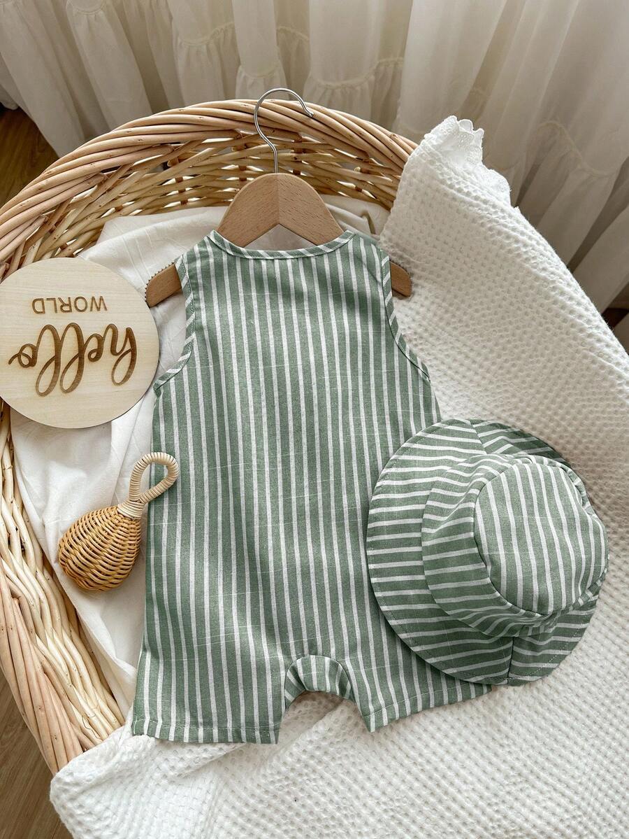 Unisex Baby Green White Striped Sleeveless Jumpsuit and Bucket Hat 2 Piece Summer Vacation Outfit Set