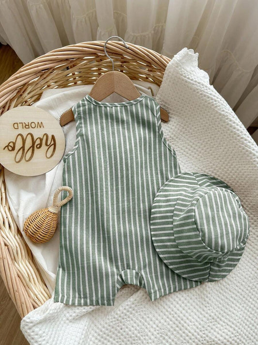 Unisex Baby Green White Striped Sleeveless Jumpsuit and Bucket Hat 2 Piece Summer Vacation Outfit Set