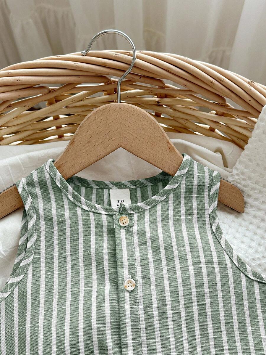 Unisex Baby Green White Striped Sleeveless Jumpsuit and Bucket Hat 2 Piece Summer Vacation Outfit Set