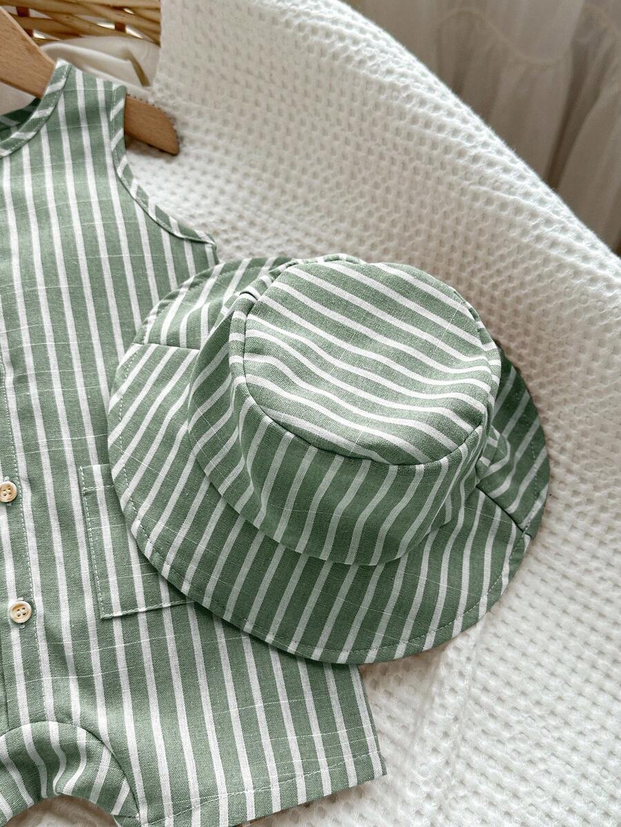 Unisex Baby Green White Striped Sleeveless Jumpsuit and Bucket Hat 2 Piece Summer Vacation Outfit Set