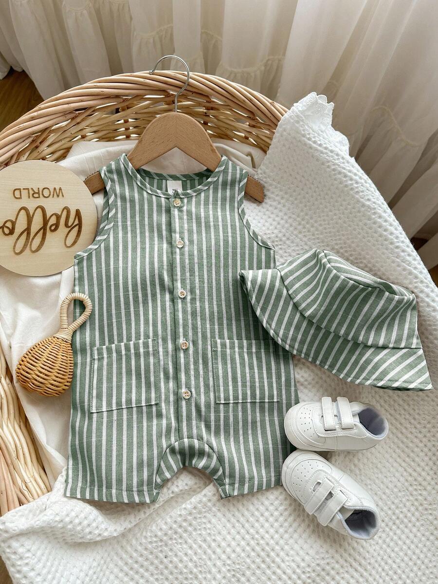 Unisex Baby Green White Striped Sleeveless Jumpsuit and Bucket Hat 2 Piece Summer Vacation Outfit Set