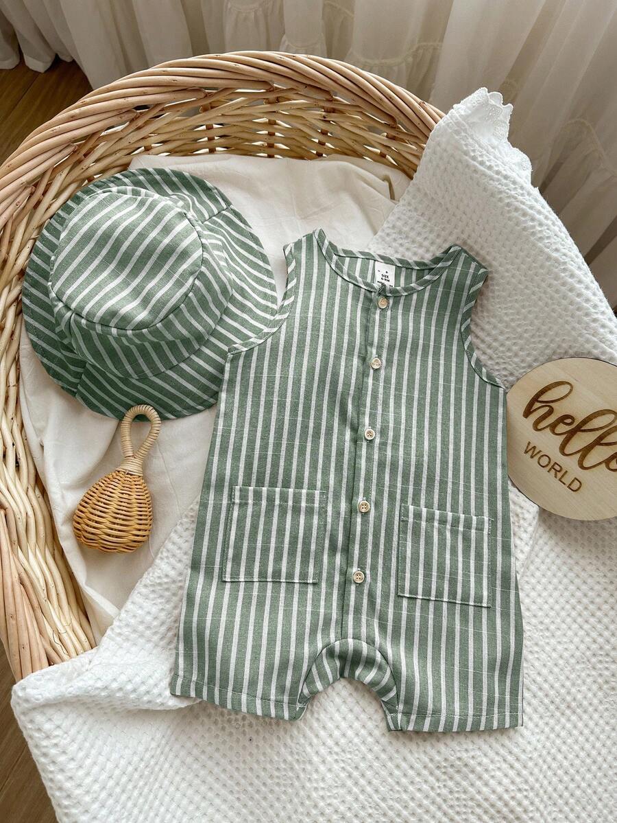 Unisex Baby Green White Striped Sleeveless Jumpsuit and Bucket Hat 2 Piece Summer Vacation Outfit Set