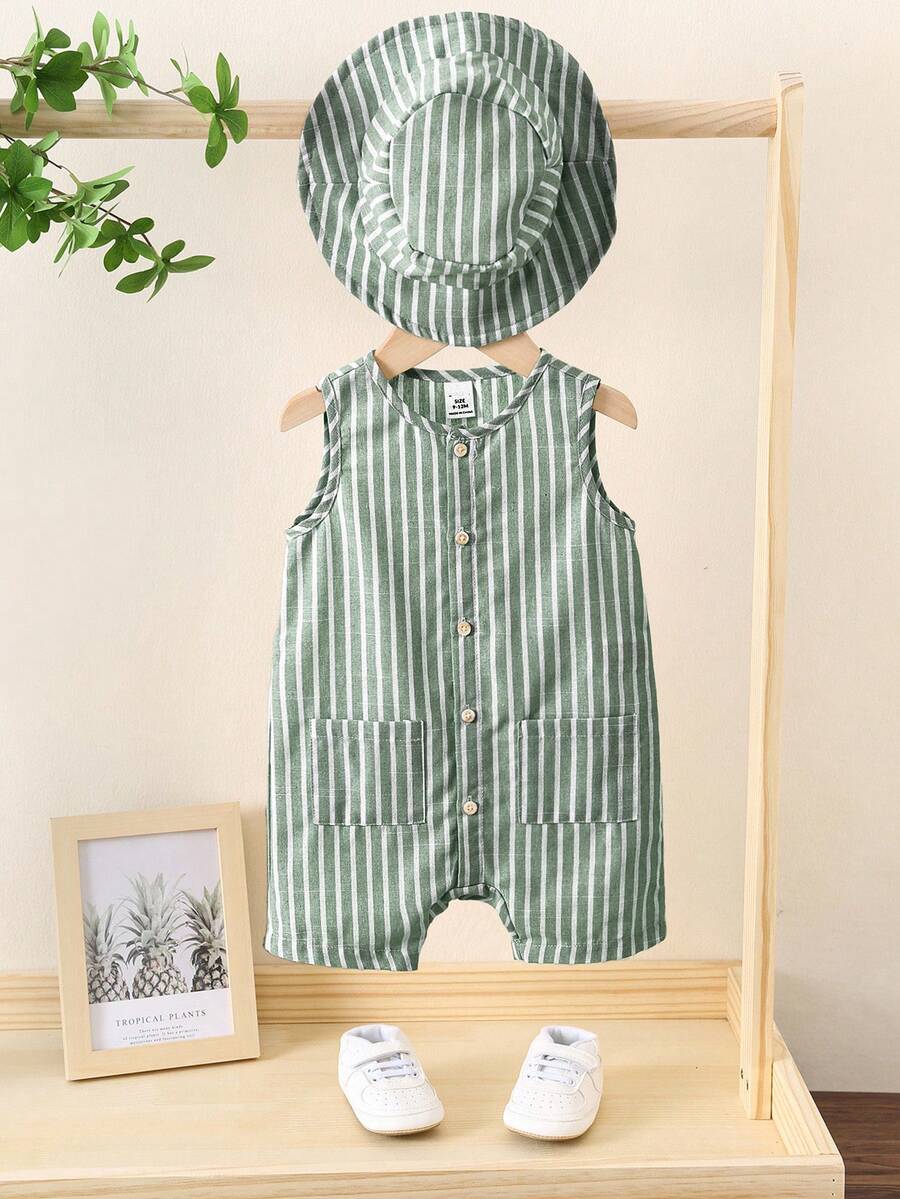 Unisex Baby Green White Striped Sleeveless Jumpsuit and Bucket Hat 2 Piece Summer Vacation Outfit Set