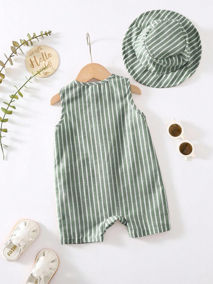 Unisex Baby Green White Striped Sleeveless Jumpsuit and Bucket Hat 2 Piece Summer Vacation Outfit Set