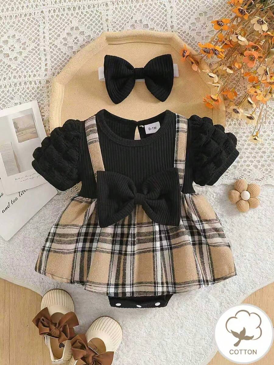 2PCS Baby Ribbed Suspender Check Bow Jumpsuit and Headband Set for Elegant Summer Wear