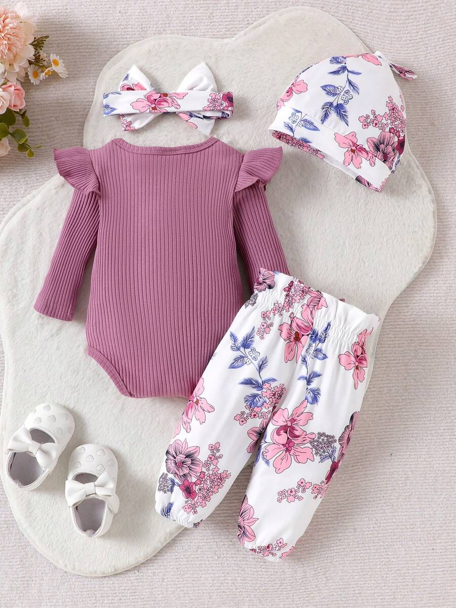 Cute Print Bodysuit Pants Hat and Headband Outfit Set for Spring and Autumn Wear