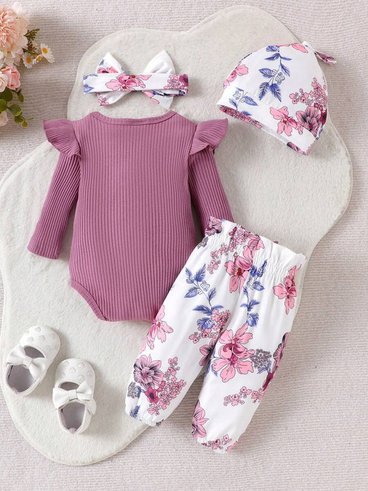 Cute Print Bodysuit Pants Hat and Headband Outfit Set for Spring and Autumn Wear