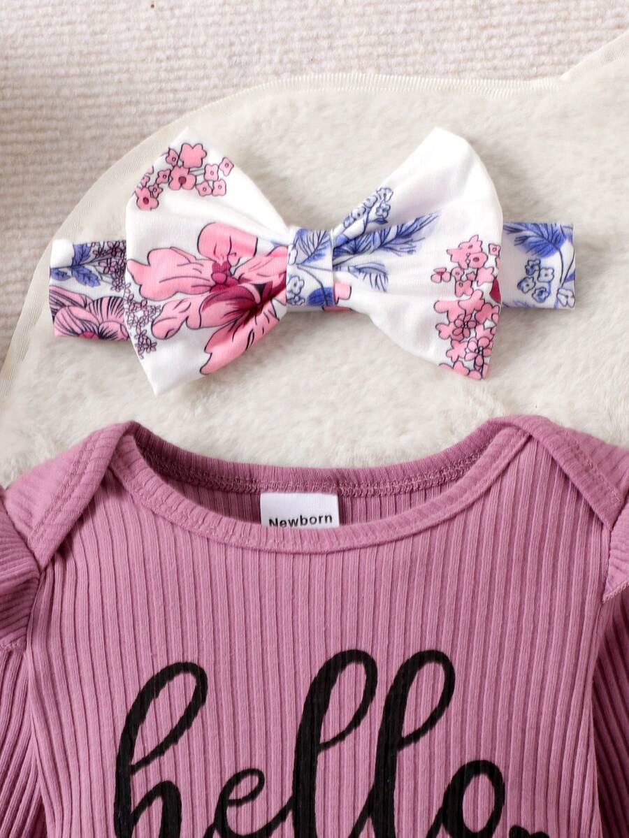 Cute Print Bodysuit Pants Hat and Headband Outfit Set for Spring and Autumn Wear