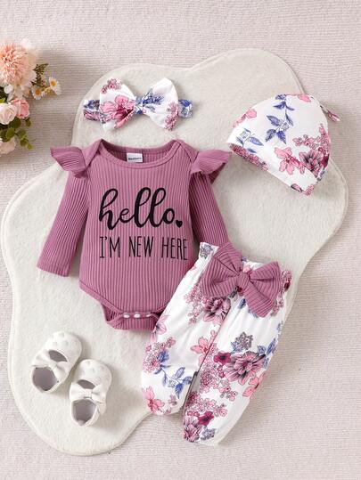 Cute Print Bodysuit Pants Hat and Headband Outfit Set for Spring and Autumn Wear