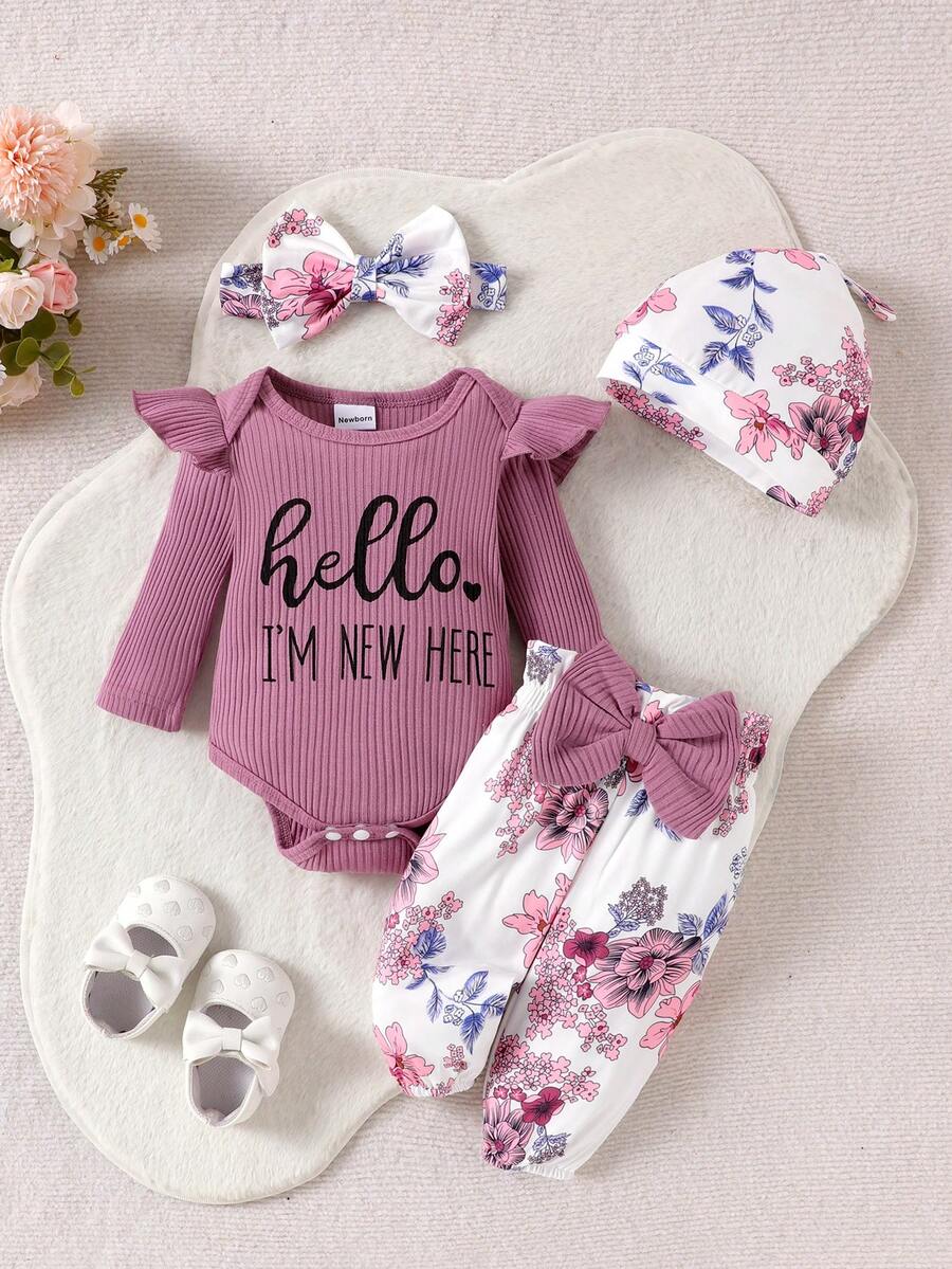 Cute Print Bodysuit Pants Hat and Headband Outfit Set for Spring and Autumn Wear