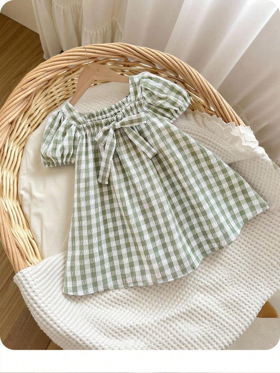 Baby Girl Plaid Bow Detail Short Sleeve Dress Cute Summer Vacation Outfit