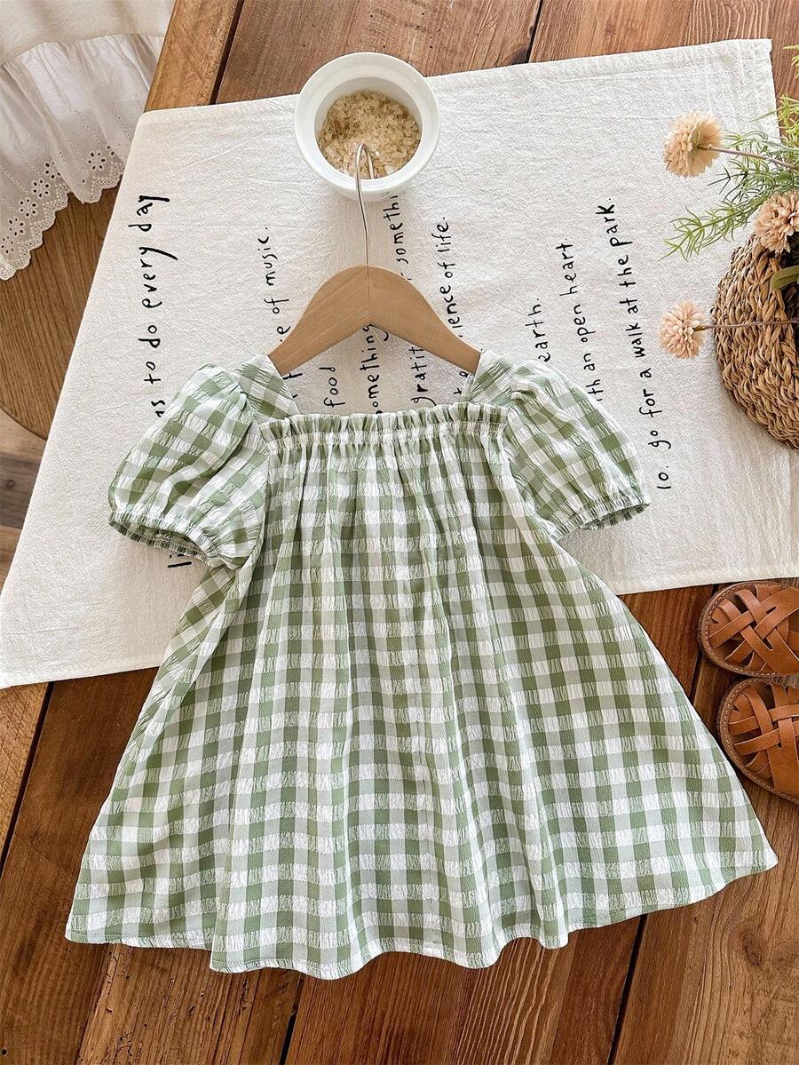 Baby Girl Plaid Bow Detail Short Sleeve Dress Cute Summer Vacation Outfit