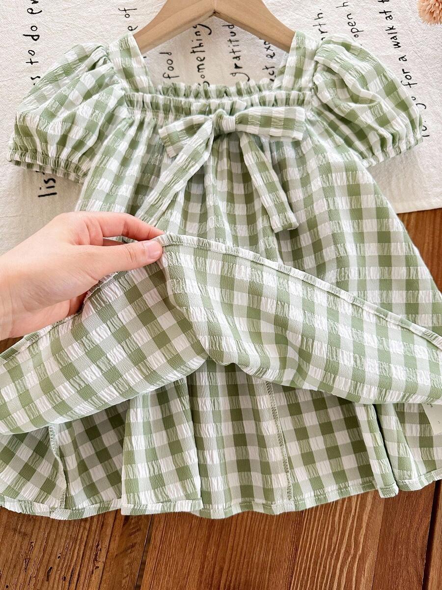 Green Plaid Short Sleeve Dress for Baby Girls - Cute Bow Accent Summer Outfit