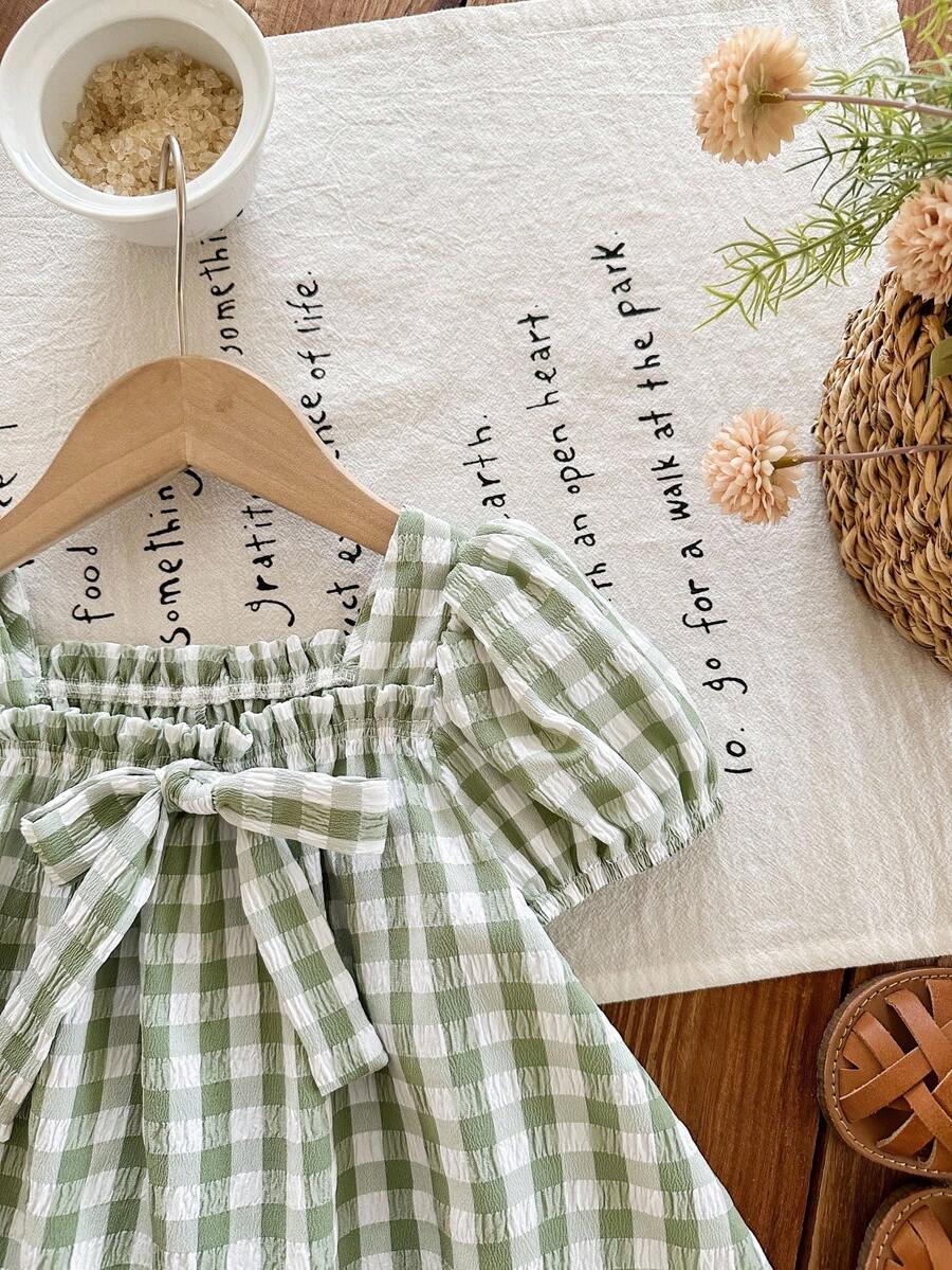 Baby Girl Plaid Bow Detail Short Sleeve Dress Cute Summer Vacation Outfit