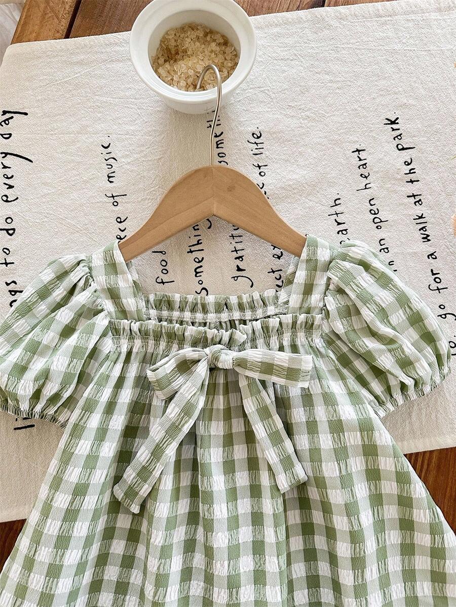 Baby Girl Plaid Bow Detail Short Sleeve Dress Cute Summer Vacation Outfit