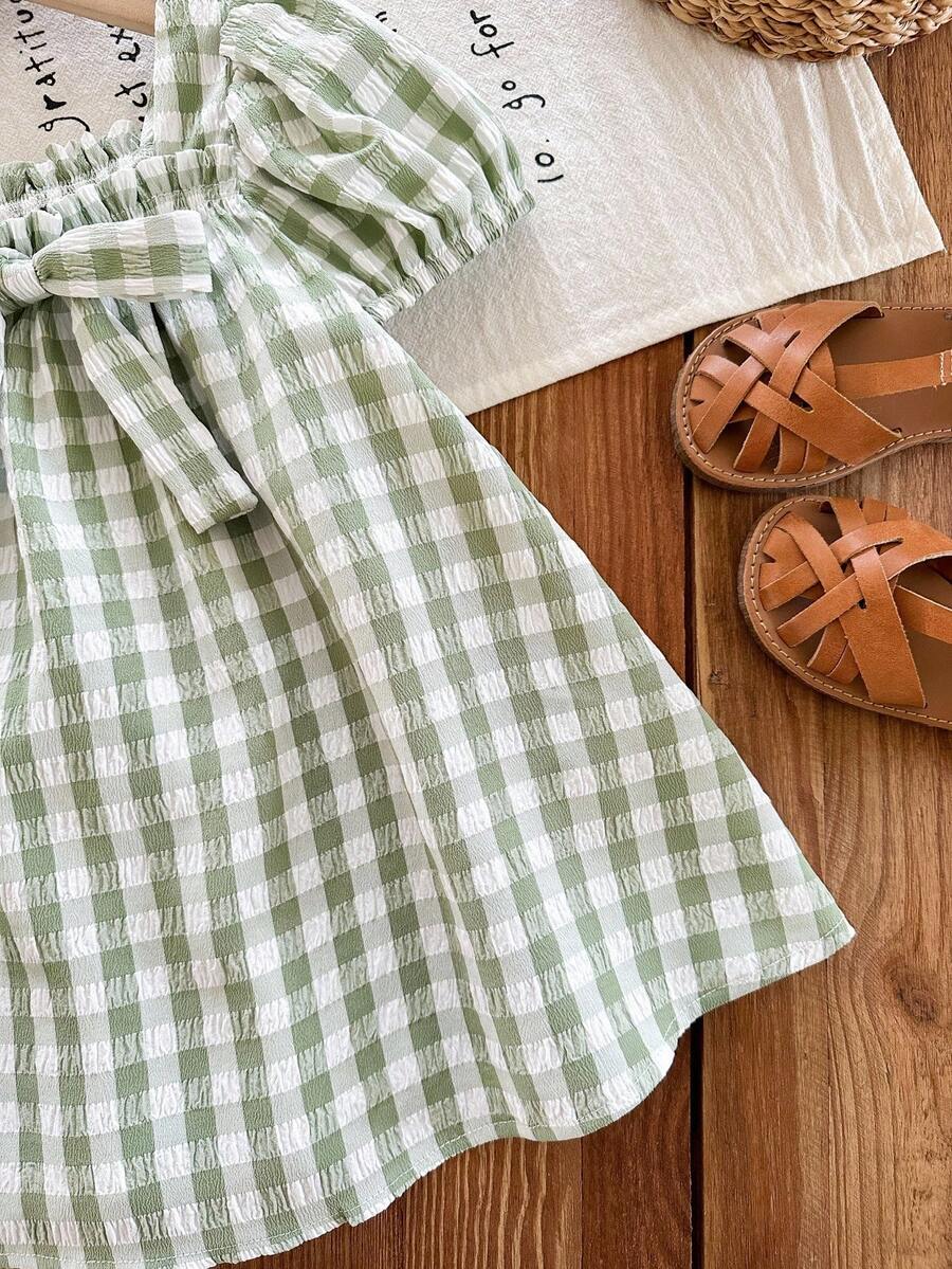Green Plaid Short Sleeve Dress for Baby Girls - Cute Bow Accent Summer Outfit