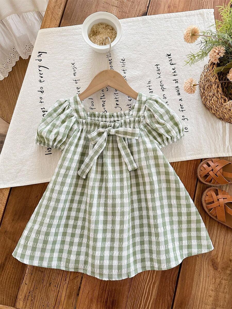 Baby Girl Plaid Bow Detail Short Sleeve Dress Cute Summer Vacation Outfit