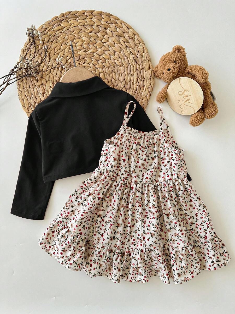 Fall Winter Ditsy Floral Dress and Brown Jacket Set for Toddler Girls