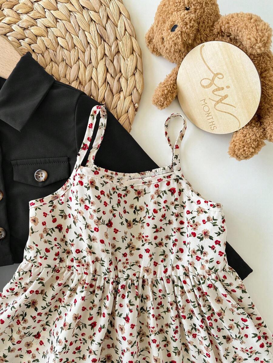 Fall Winter Ditsy Floral Dress and Brown Jacket Set for Toddler Girls
