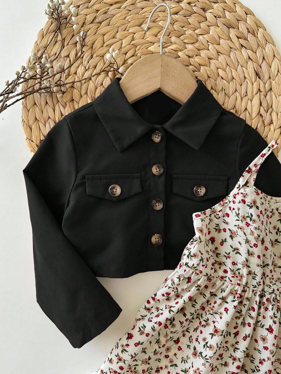 Fall Winter Ditsy Floral Dress and Brown Jacket Set for Toddler Girls