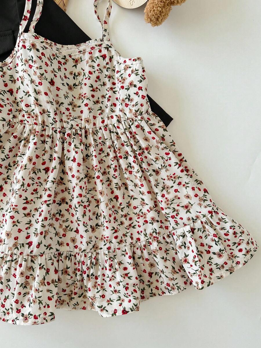 Fall Winter Ditsy Floral Dress and Brown Jacket Set for Toddler Girls
