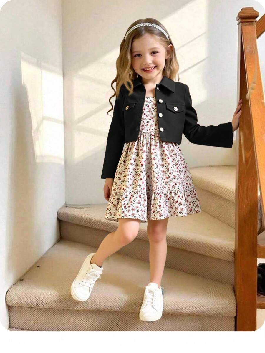Fall Winter Ditsy Floral Dress and Brown Jacket Set for Toddler Girls