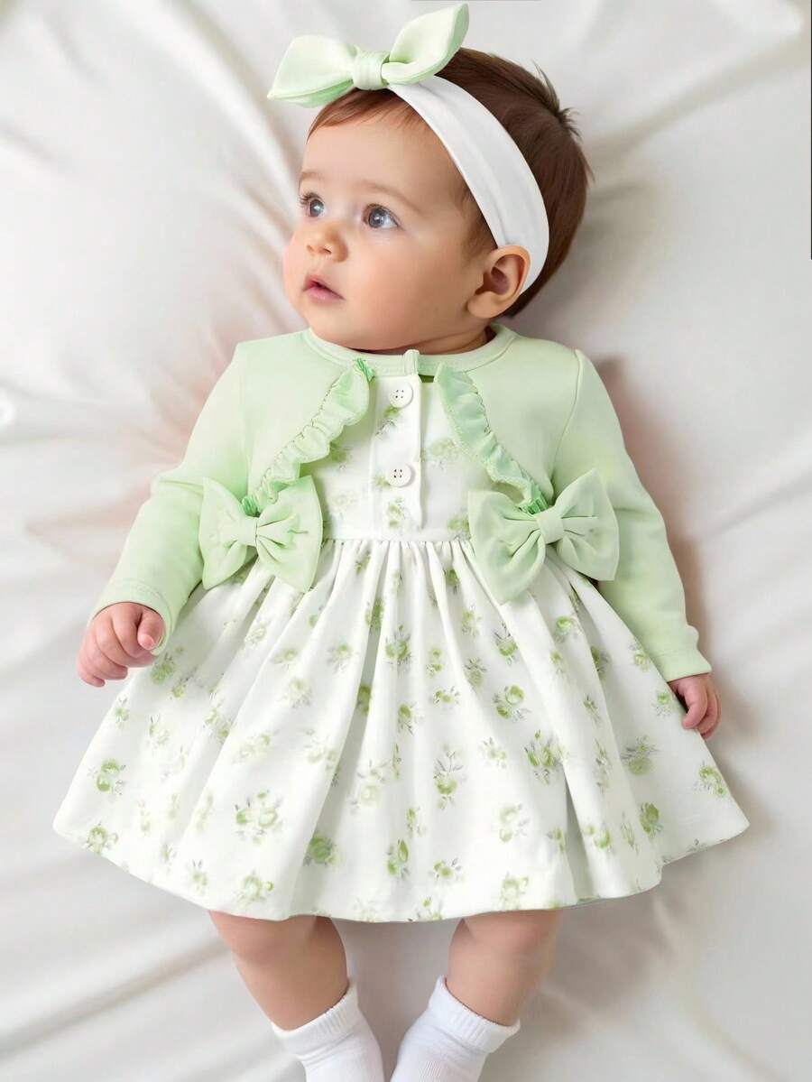 Baby Floral Bow Dress and Headband Set for Sweet Autumn and Winter Daily Wear