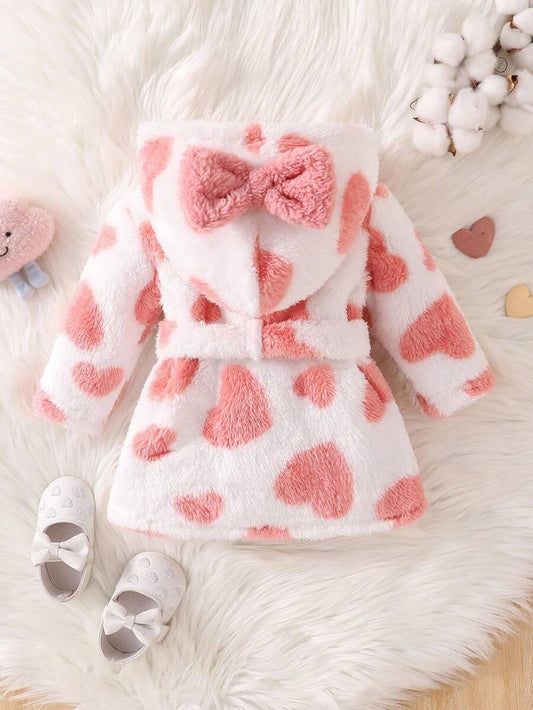 Baby Pink Plush Hooded Pajama Set with Geometric Pattern for Cozy Winter Sleep