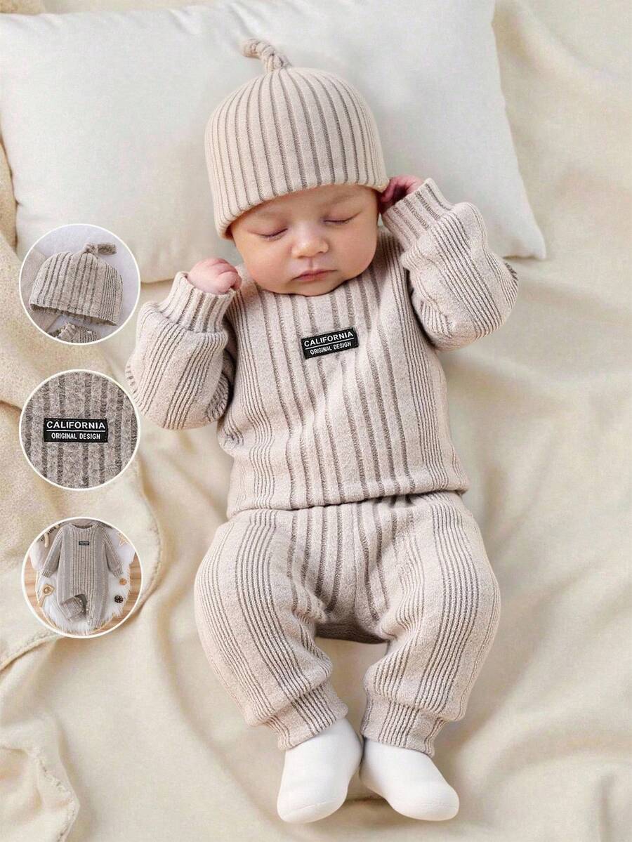 Baby Ribbed Knit Long Sleeve Jumpsuit Set with Matching Hat for Daily Wear