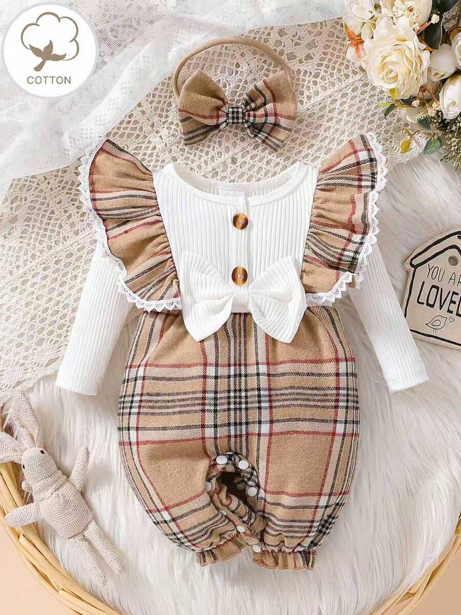 Baby Plaid Long Sleeve Jumpsuit with Matching Headband for Spring and Autumn