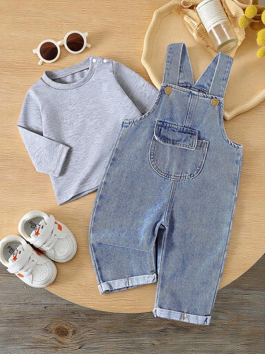 Baby Boy Solid Tee and Roll Up Hem Denim Overall Jumpsuit Casual Spring Summer Outfit Set