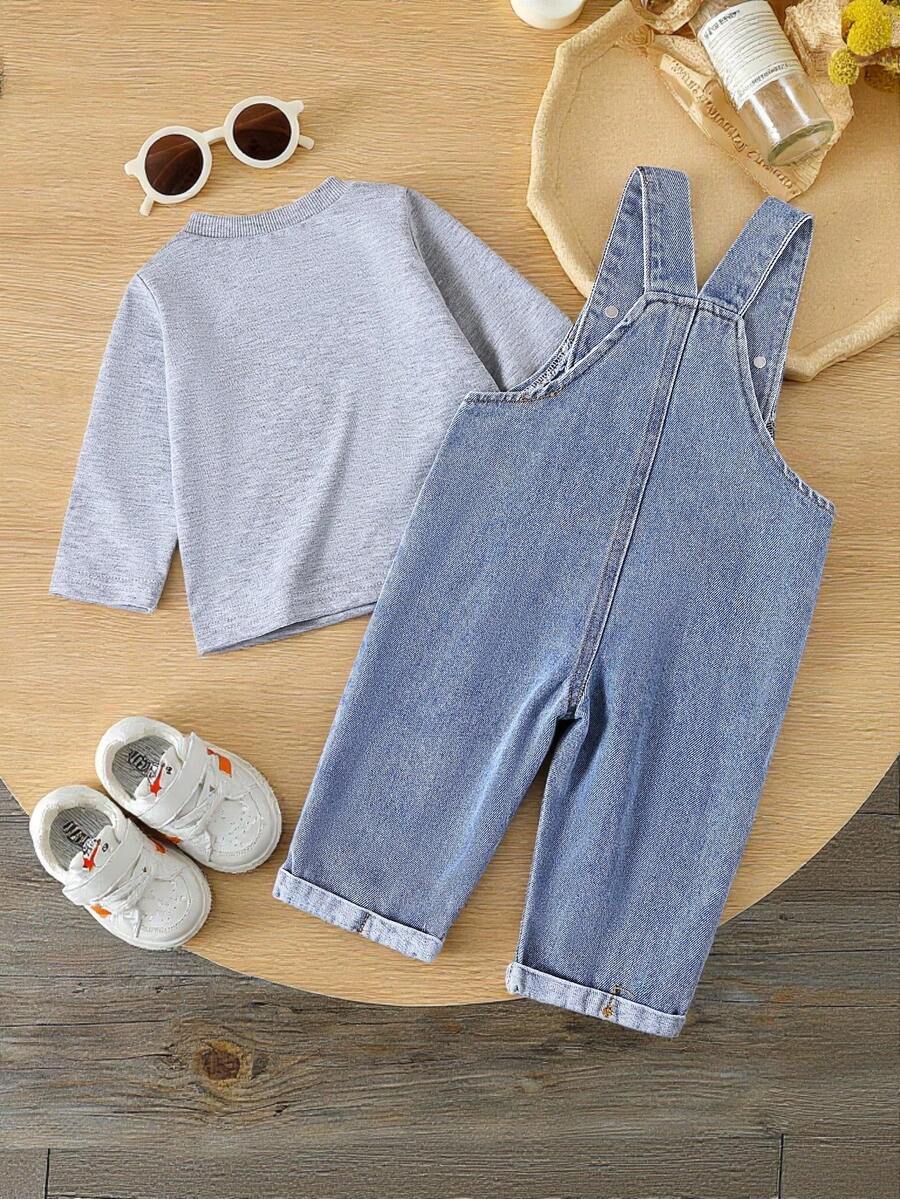 Baby Boy Solid Tee and Roll Up Hem Denim Overall Jumpsuit Casual Spring Summer Outfit Set