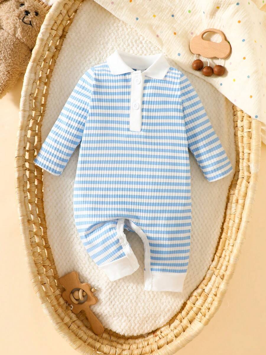 Baby Striped Collar Long Sleeve Jumpsuit for Cozy Daily Wear in Fall and Winter