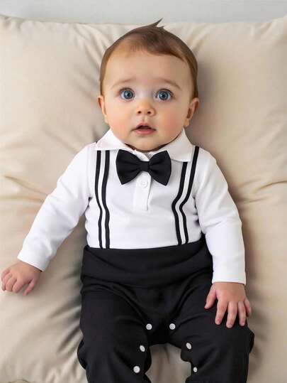 Baby Gentleman Style Front Opening Jumpsuit with Bowknot for Daily Wear and Photoshoots